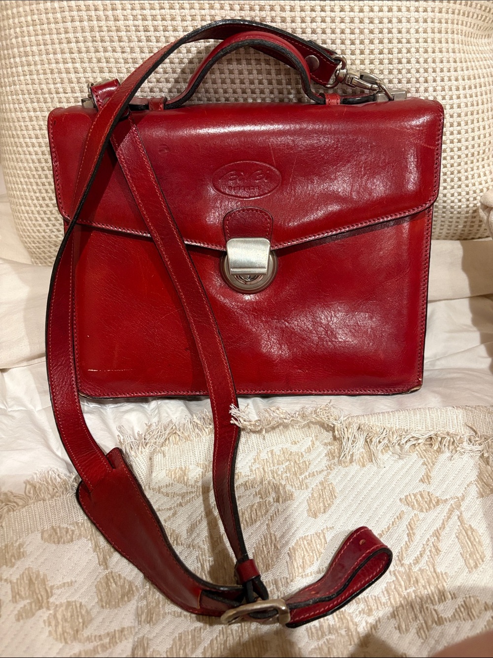 Handheld Leather Satchel Bag in Red
